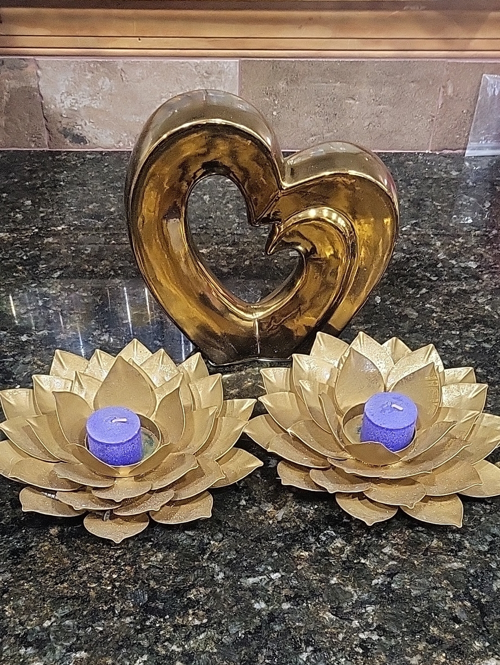 Gold Heart Accent Sculpture and Gold Lotus Candle Holders - Home Accents